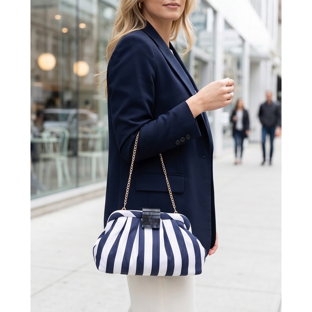 Tommy Bahama Navy Blue White Striped Pleated Clutch Bag Gold Chain Strap